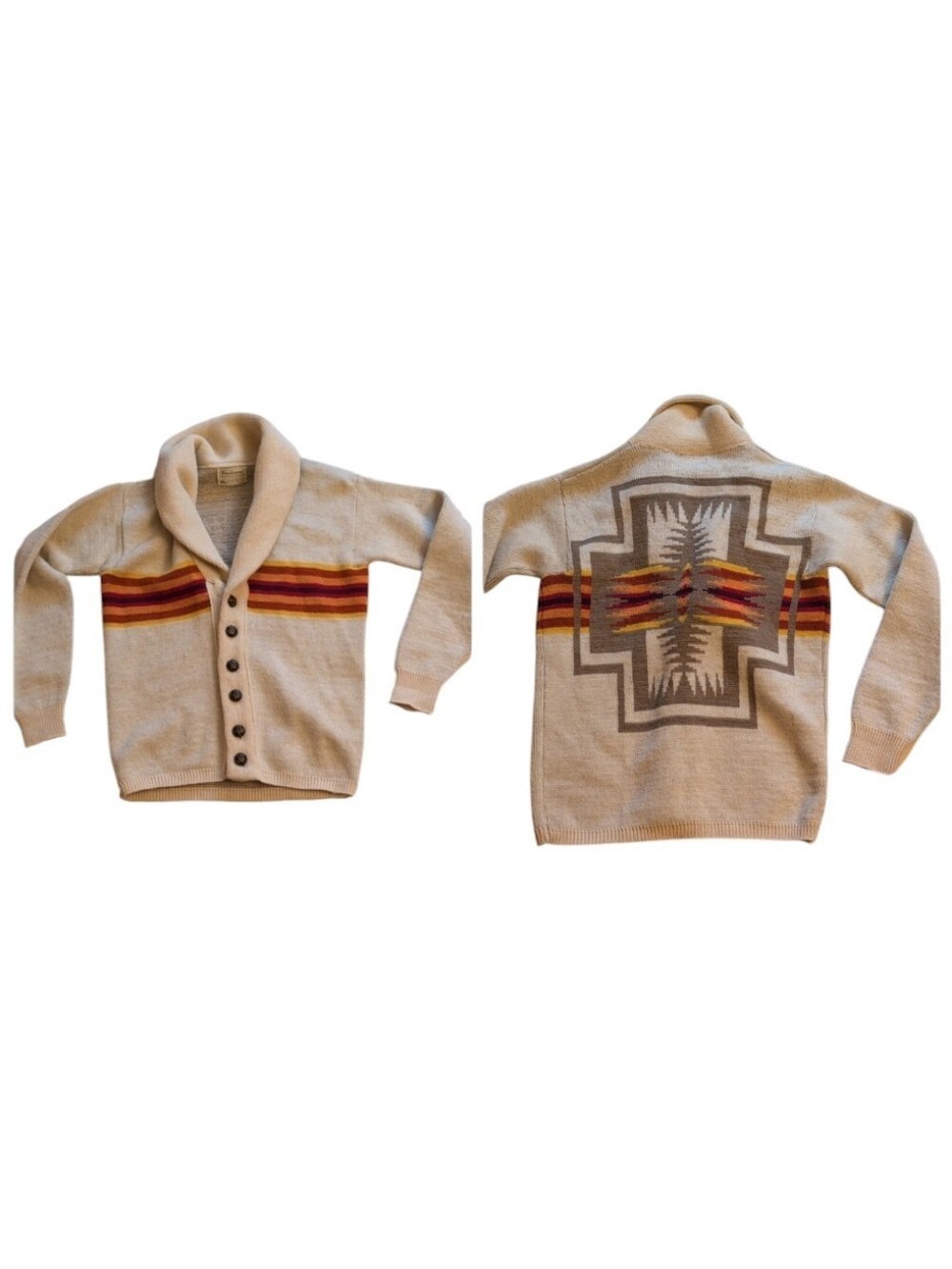 Vintage c.1970s Pendleton Chief Joseph Cardigan Sweater Cream Wool Orange Brown
